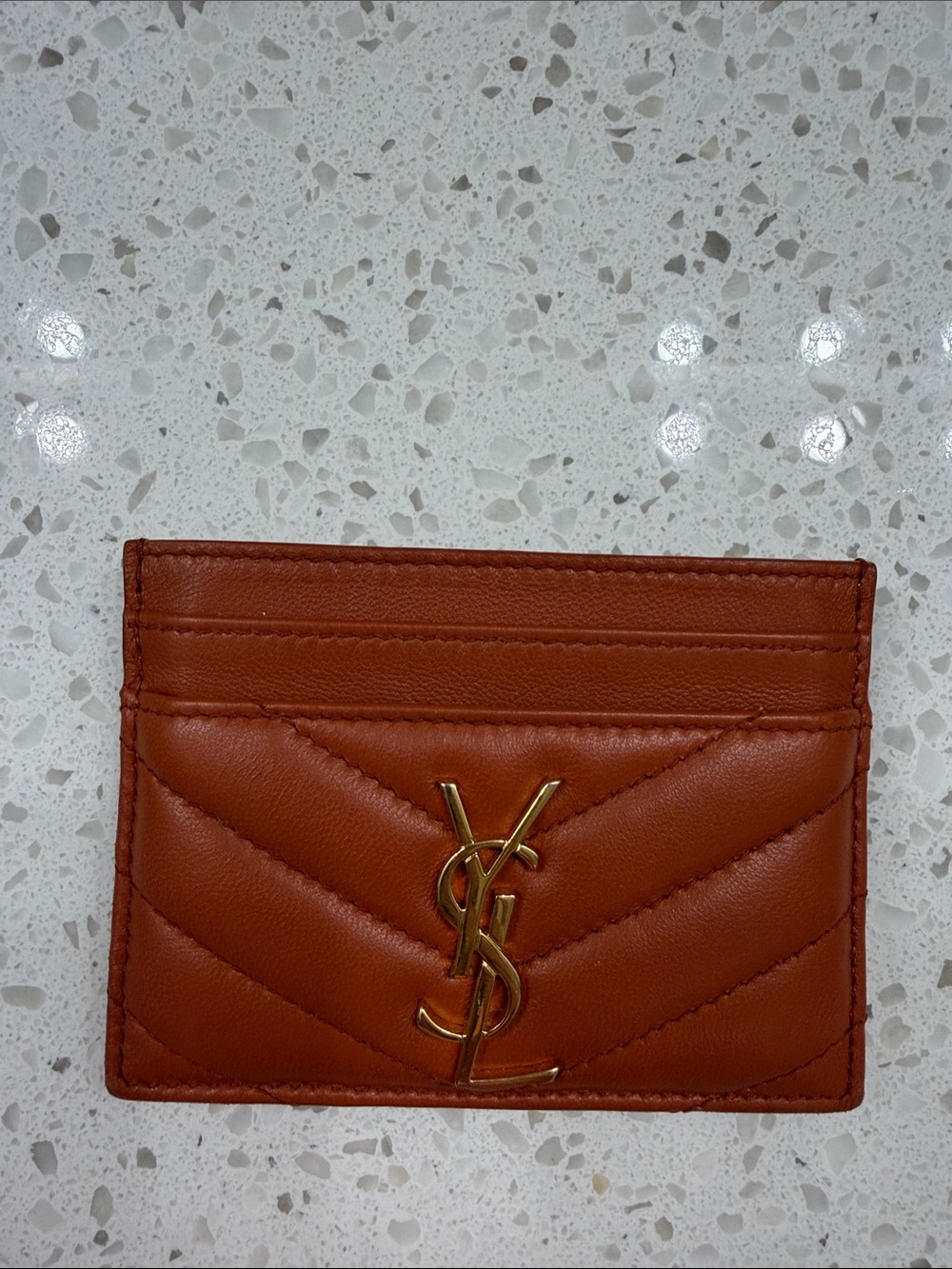 Saint Laurent Chestnut Quilted Leather Card Holder with Gold YSL Emblem